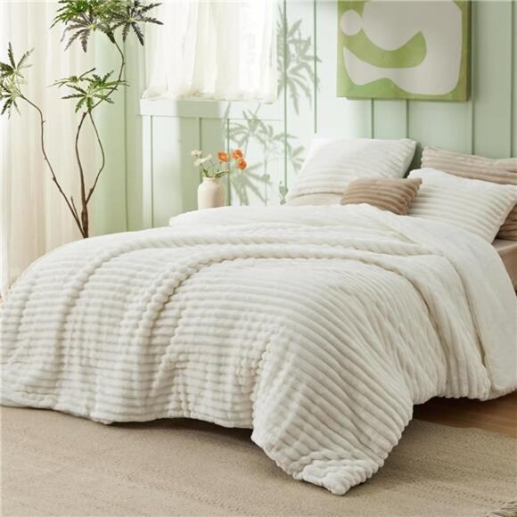 Fluffy Comforter Set Queen - Super Soft Faux Fur Bed Set Cream White, All Season - Picture 2 of 7
